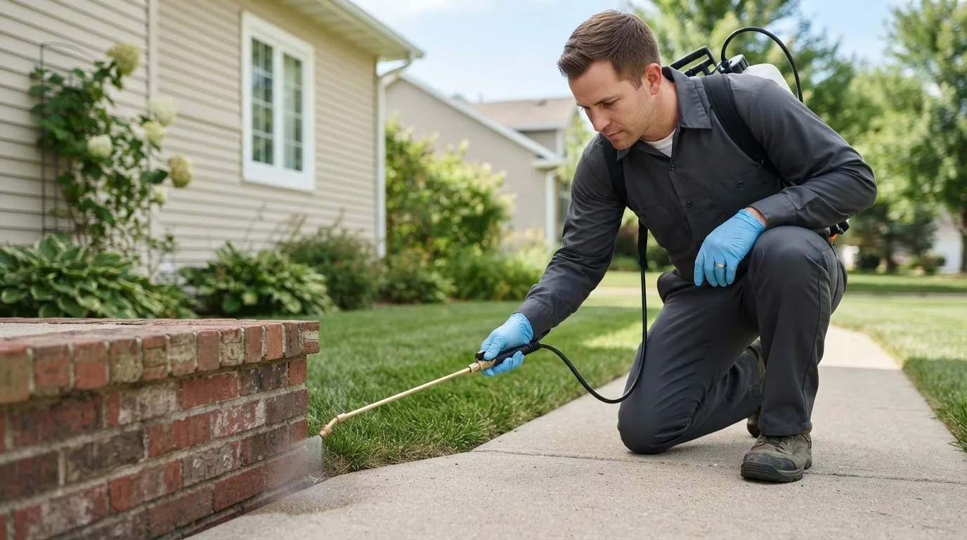 Pest control technician treating a home near Central, IN