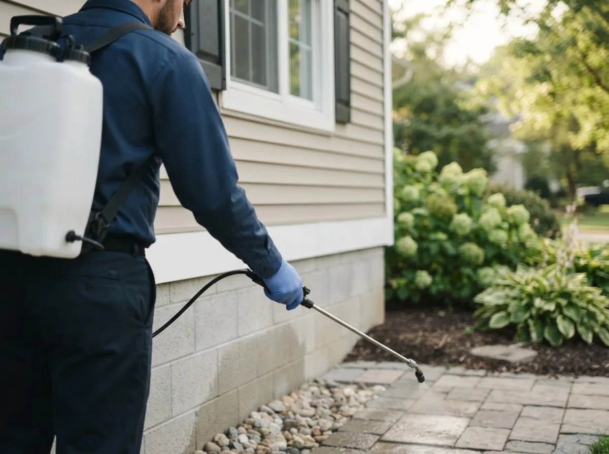 Pest control technician inspecting a home in Central, IN